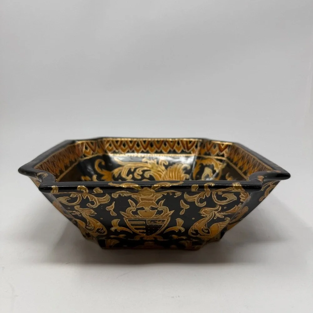 Vintage Bowl Black Gold Heraldic French Phoenix Crest‎ Square Chinoiserie 8
